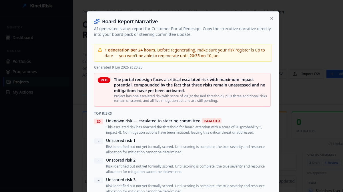 KinetiRisk board report showing RAG status badge and top risk highlights by score